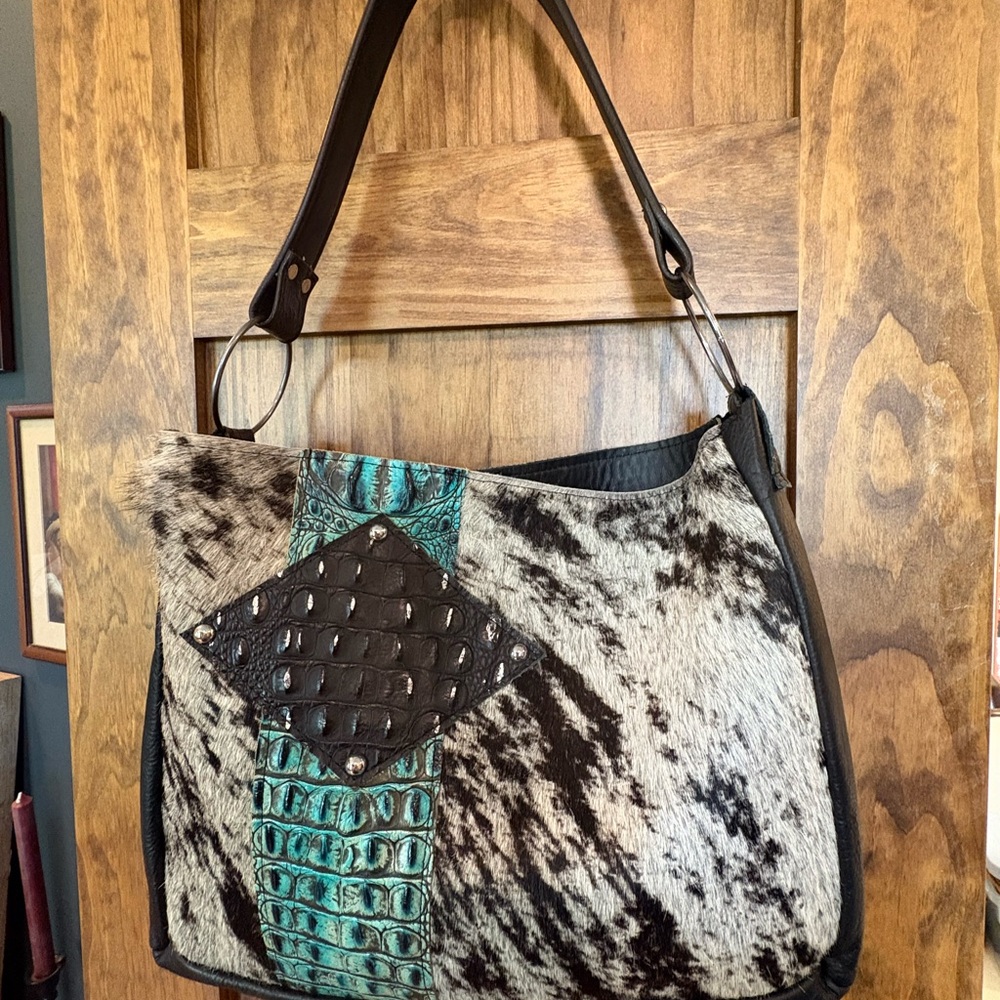 Cowhide Shoulder Bag with Turquoise Croc Accent